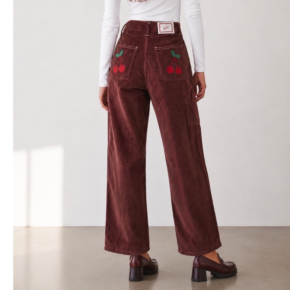 Lisa Says Gah Dylan Women's 0 Brown Corduroy Cherry Pants Cottagecore Whimsy